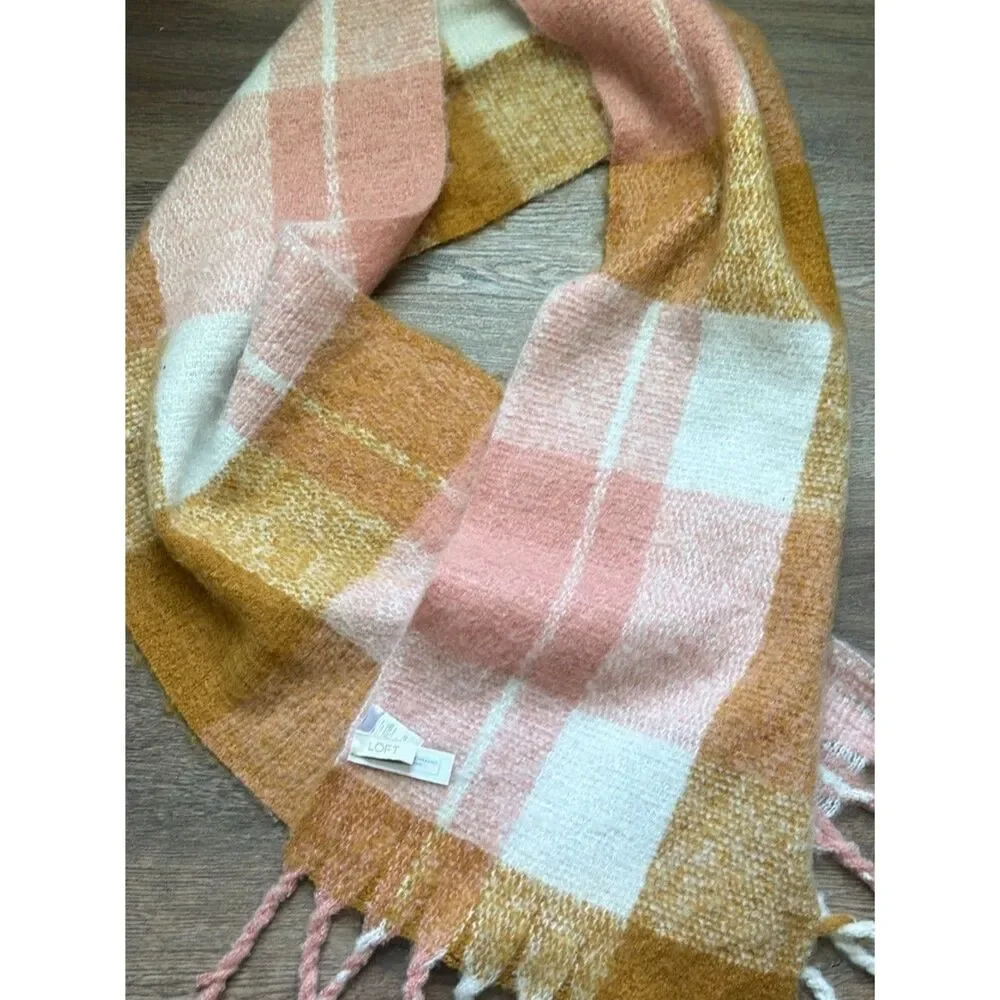 LOFT Plaid Fringe Scarf in Pink, White & Mustard